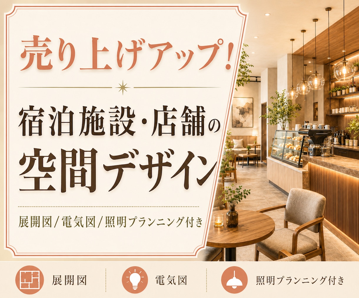 店舗・民泊・買取再販の内装デザイン、承ります 世界観と図面の整合性を両立した内装デザインを、お届けします。 イメージ1