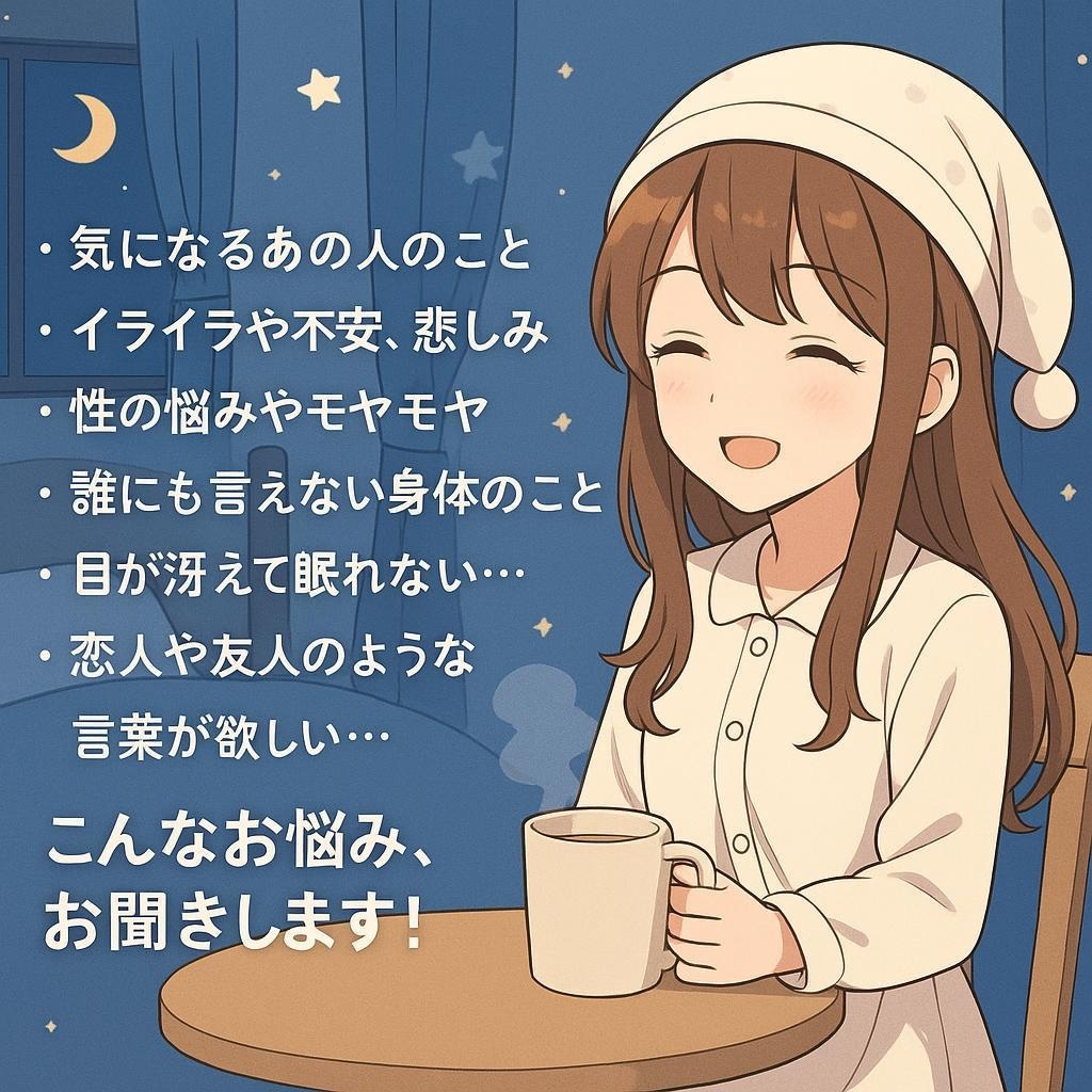 大人の心の休憩室。深夜のお悩みチャット相談承ります 男女OK！恋愛相談、友人関係、性の悩み、不安。どんな話題でも イメージ2