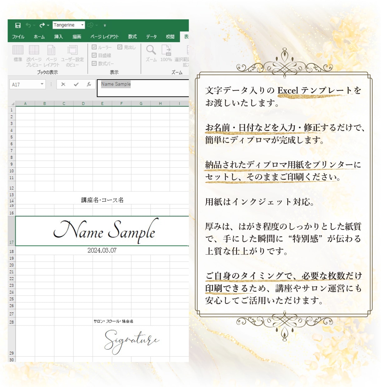 ディプロマデザイン紙 A4サイズ 20枚納品します 講座名・修了生名・日付等を入力するエクセルデータお渡しします イメージ9