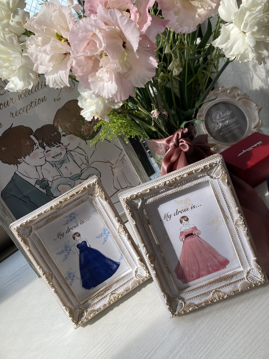結婚式用ドレス色当てクイズのイラスト描きます ドレス色当てクイズ用の絵を似顔絵でお好きなドレスで描きます イメージ7