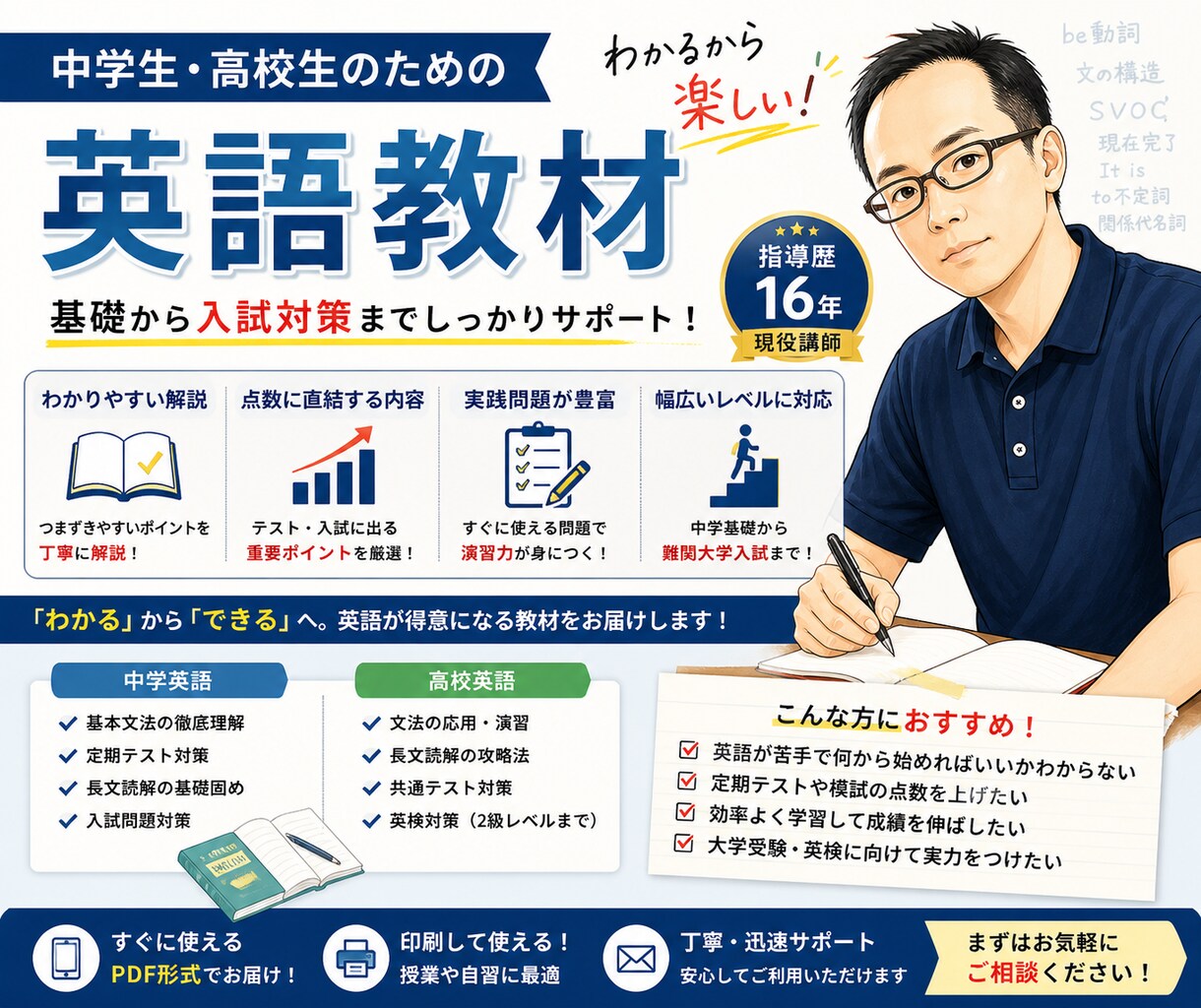 英語のレベルに合わせ、教材の提供します 英語のレベルに合わせて、対応可能です。 イメージ1