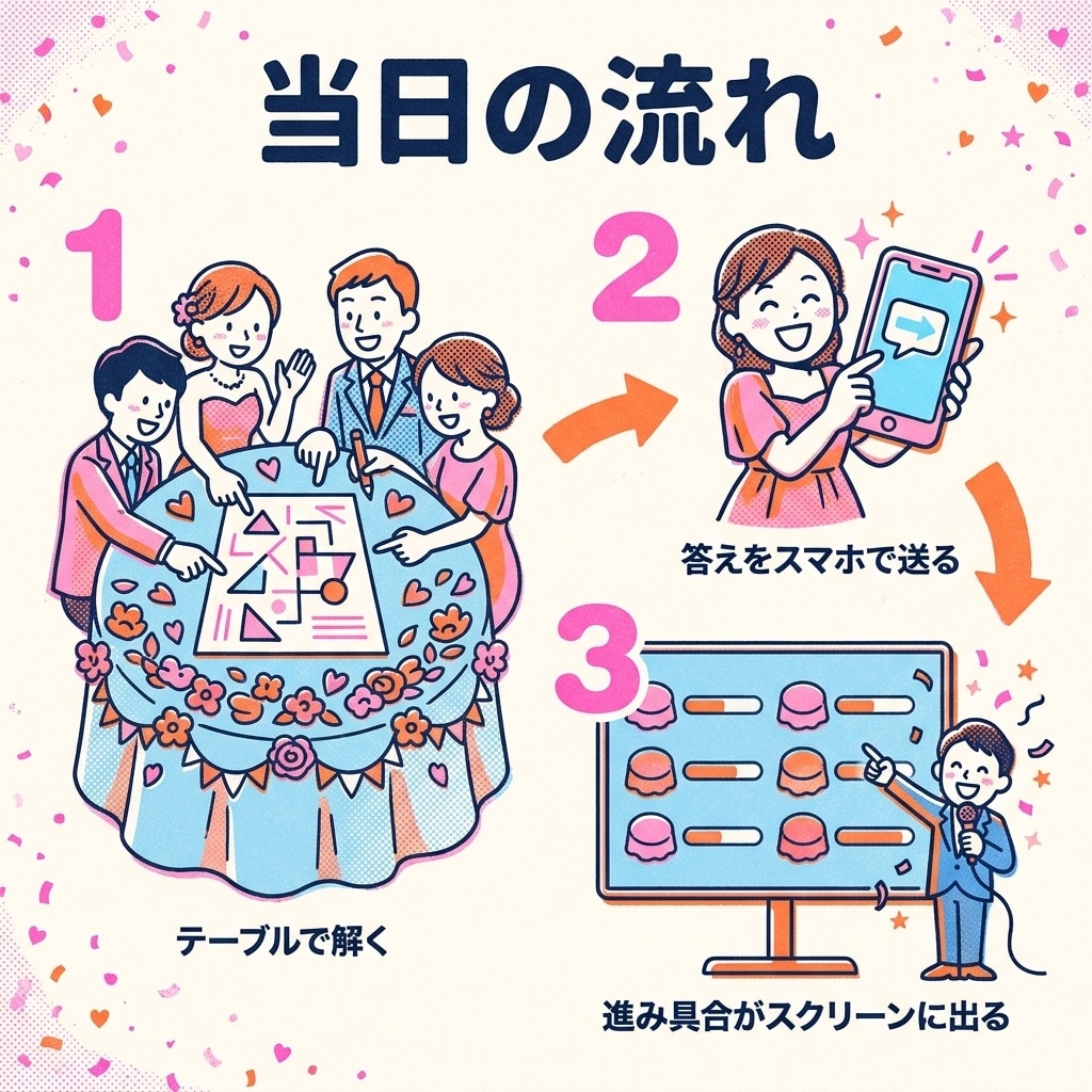 スクリーンと連動する結婚式の謎解きを作ります 各テーブルの進み具合をスクリーンに映せます｜披露宴・二次会 イメージ3