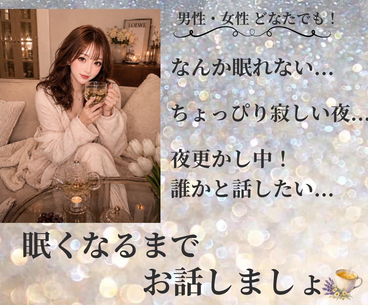 眠れない夜・夜更かし…眠くなるまで一緒にいます 男女OK◎寂しい☘️雑談☘️恋愛☘️秘密☘️癒し☘️何でも！ イメージ1