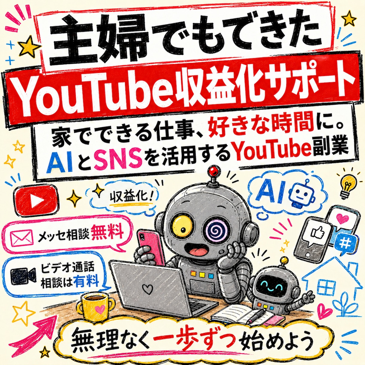 主婦でもできたYouTube収益化サポートます 家でできる仕事、好きな時間に。AIとSNSを活用する副業 イメージ1
