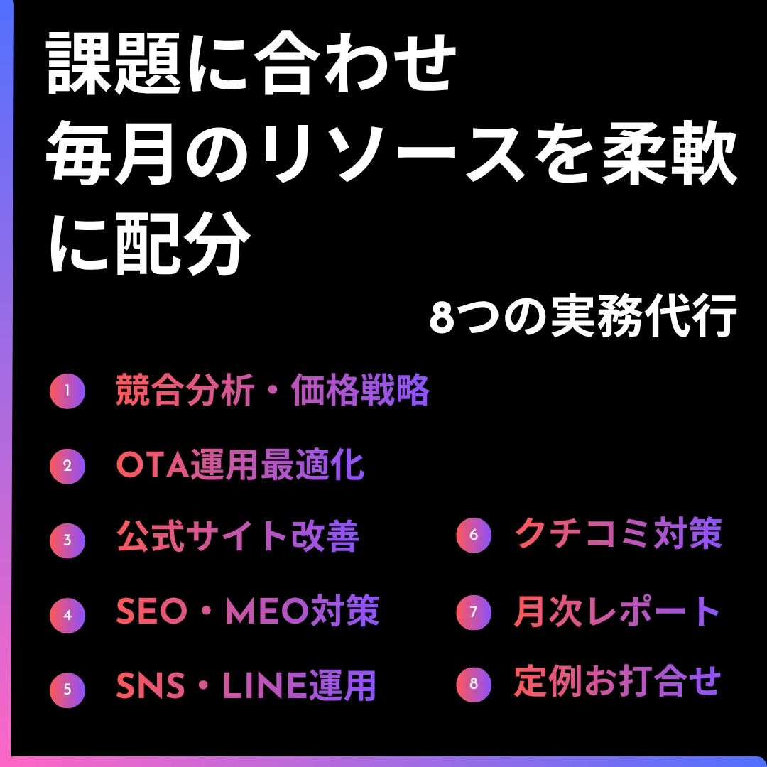 ホテル・旅館のWeb担当として運用を丸ごと承ります OTA・HP・口コミ・SNS運用まで対応/契約縛りなし イメージ5