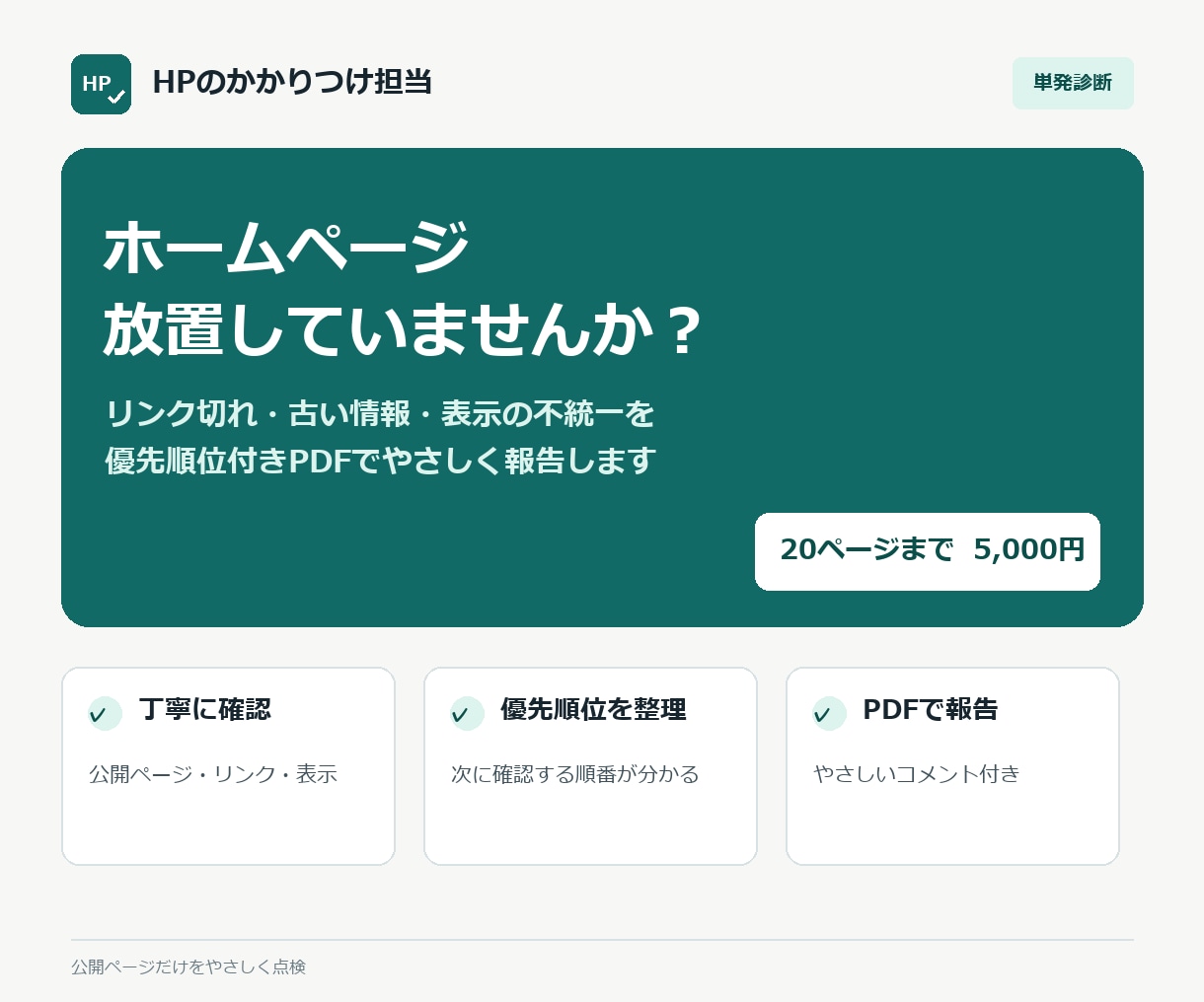 放置気味のホームページをやさしく点検します リンク切れ・古い情報を優先順位付きPDFで報告 イメージ1