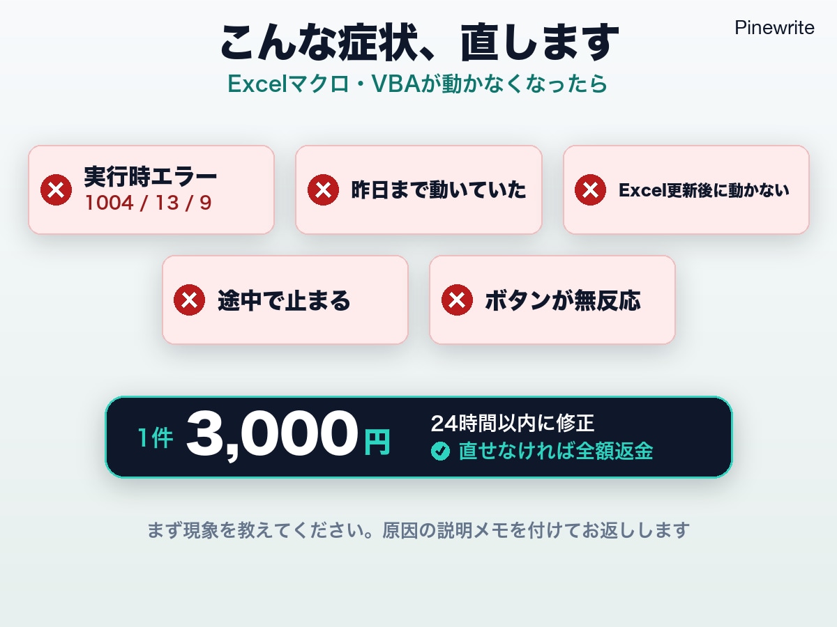 ExcelマクロやVBAのエラーを修正します 昨日まで動いていたマクロが動かない。24時間以内に直します イメージ3