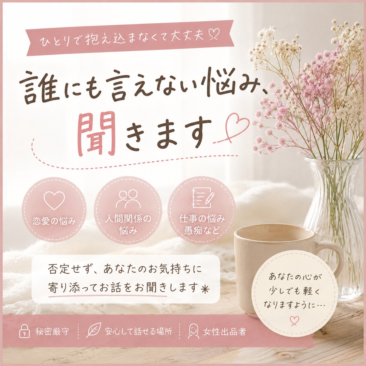 否定せず、共感しながら気持ちの整理をお手伝いします しんどい気持ちひとりで抱えないでください。 イメージ1