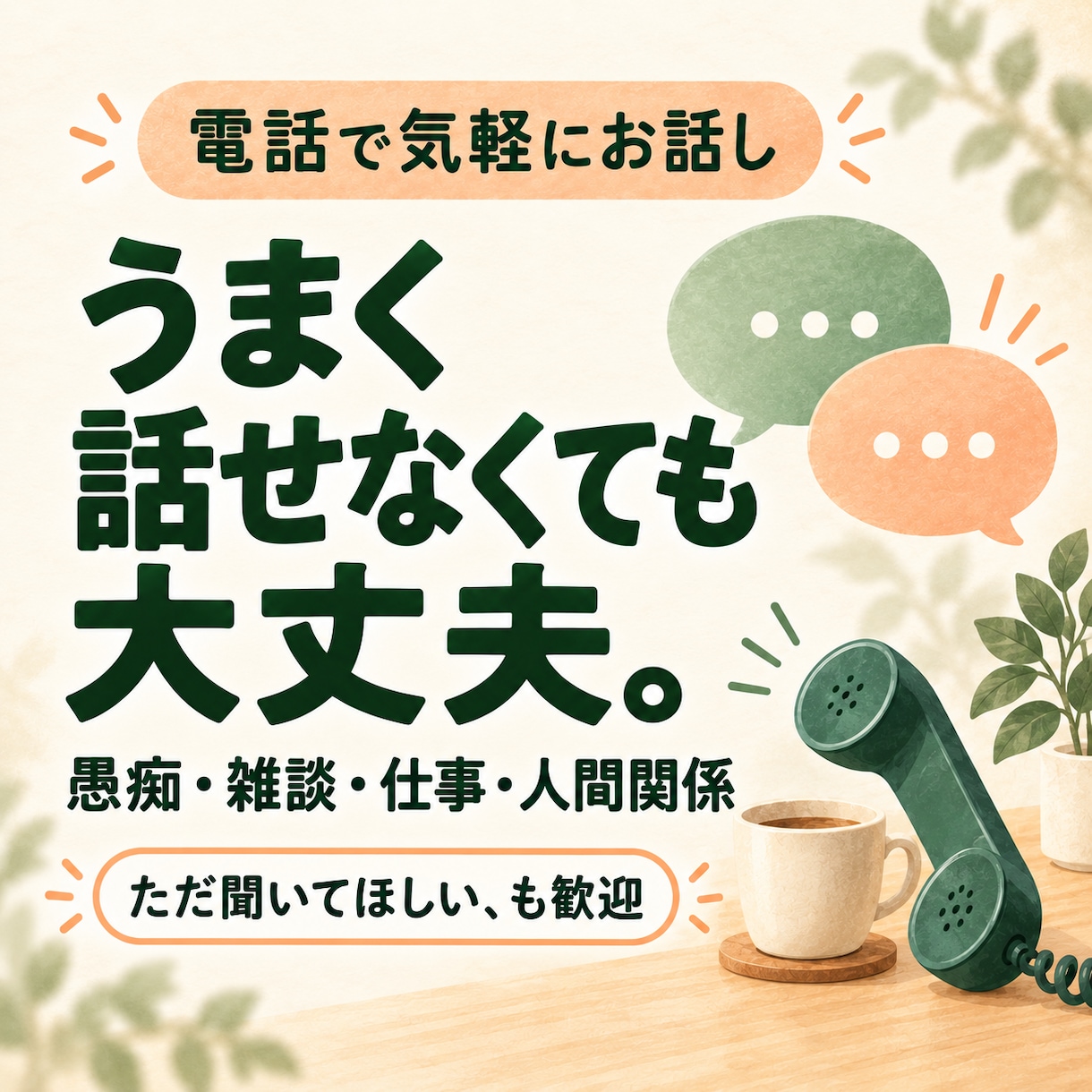 愚痴・雑談からお悩みまで、気軽にお話を聞きます うまく話せなくても大丈夫。聞いてほしいだけでも歓迎です イメージ1