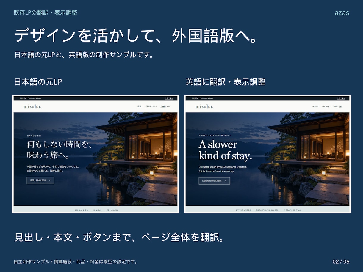 既存の日本語LPを外国語に翻訳・調整します 日本語で相談。文章・料金・写真を専用パネルで編集 イメージ2