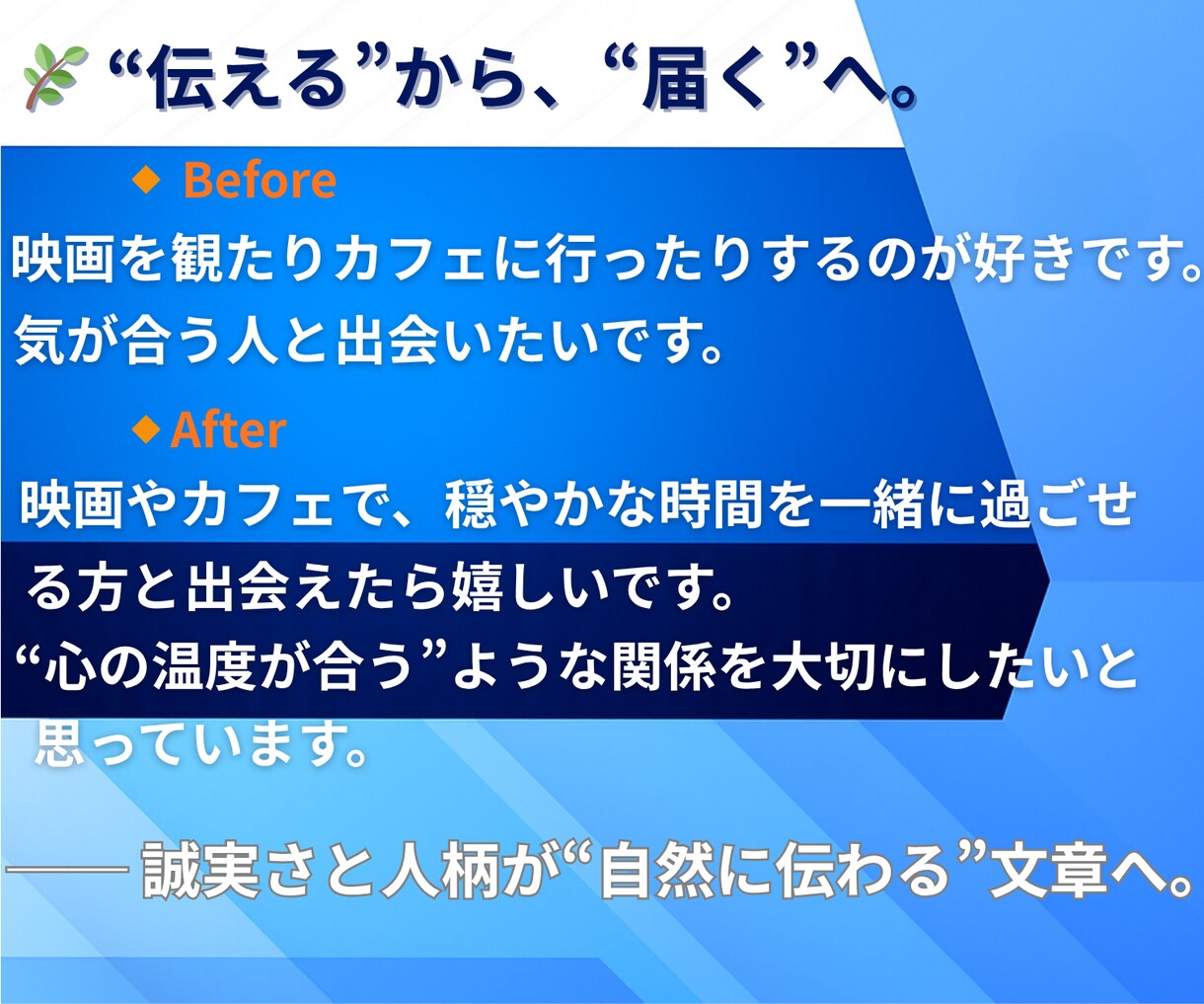 マッチングアプリで魅力伝わるプロフィール添削します マッチ率UP！出会いを導き、心に響く誠実な自己紹介文 イメージ6