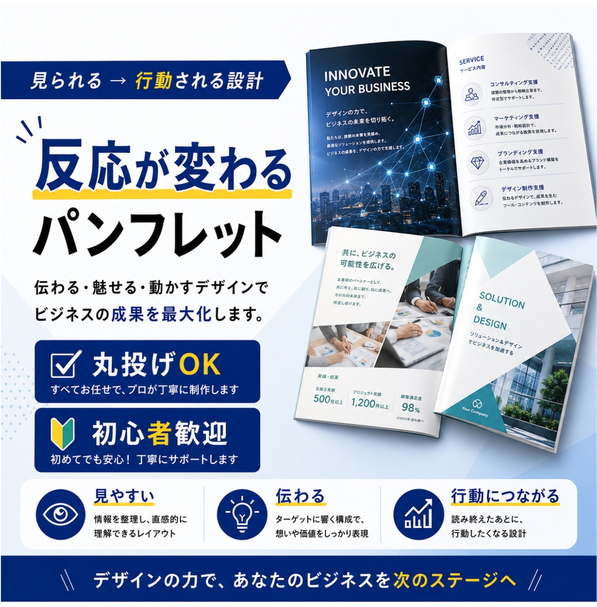 売上・集客に繋がるパンフレットをプロが制作します ただ綺麗なだけじゃない反応が取れるデザインで成果に繋げます イメージ2