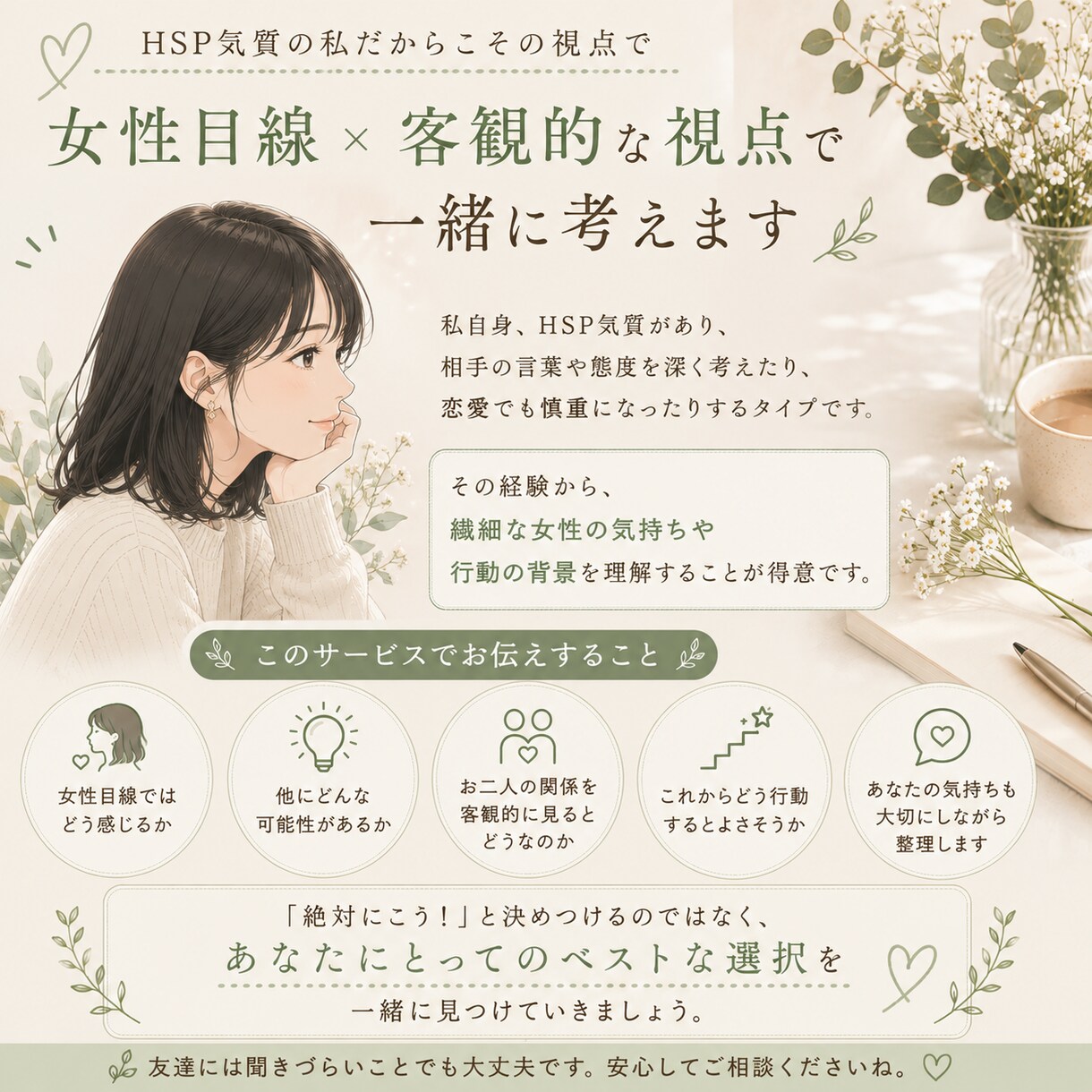 繊細・慎重な女性の気持ちを女性目線で一緒に考えます 慎重な女性との恋愛に悩む男性へ。女性目線で相談に乗ります イメージ3