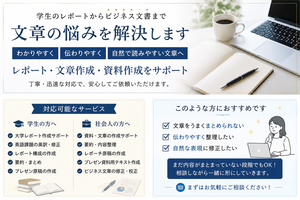 レポート・プレゼンを“評価される形”に整えます 「伝わる形に整えて、評価されやすいレポート・資料に。」 イメージ1