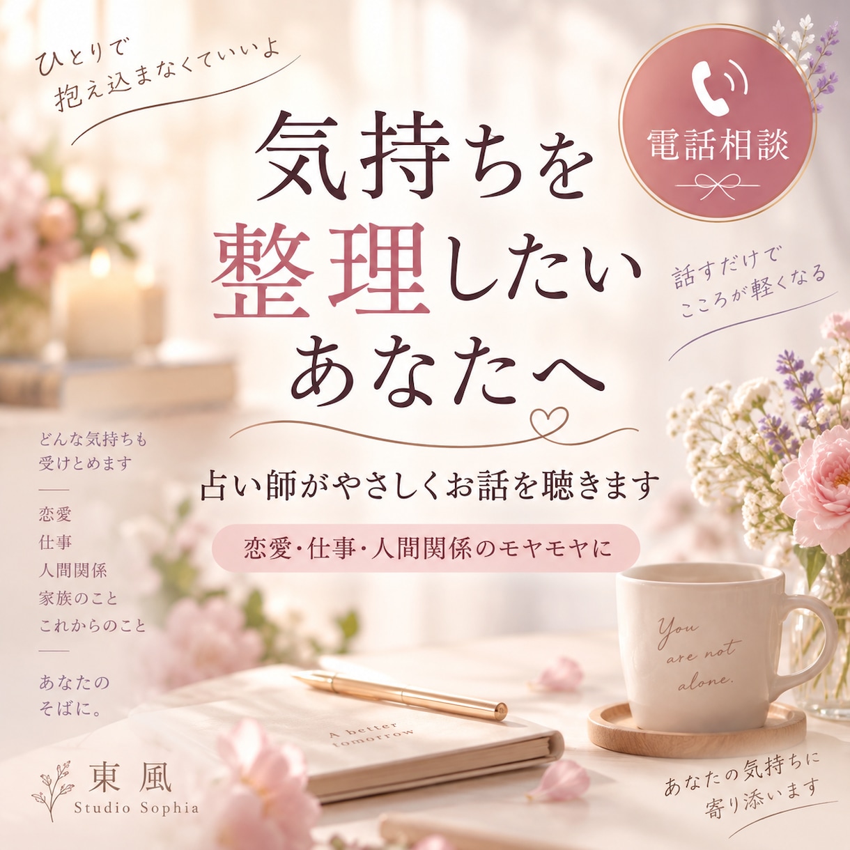 気持ちを整理したいあなたへ　占い師がお話を伺います 恋愛 仕事 人間関係など、独りで抱えた思いを言葉にしませんか イメージ1