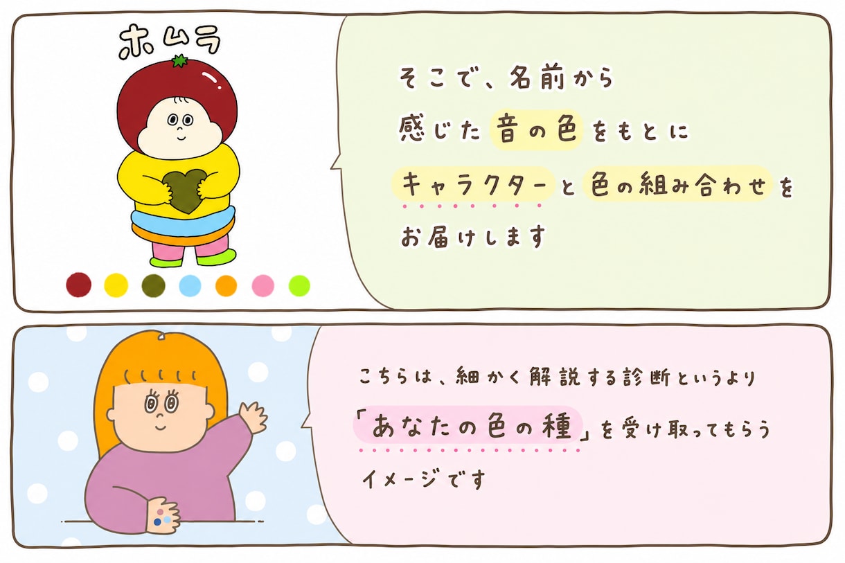名前から感じた“色”を、やさしく診断します キャラクター付きで、『色』を翻訳します イメージ6