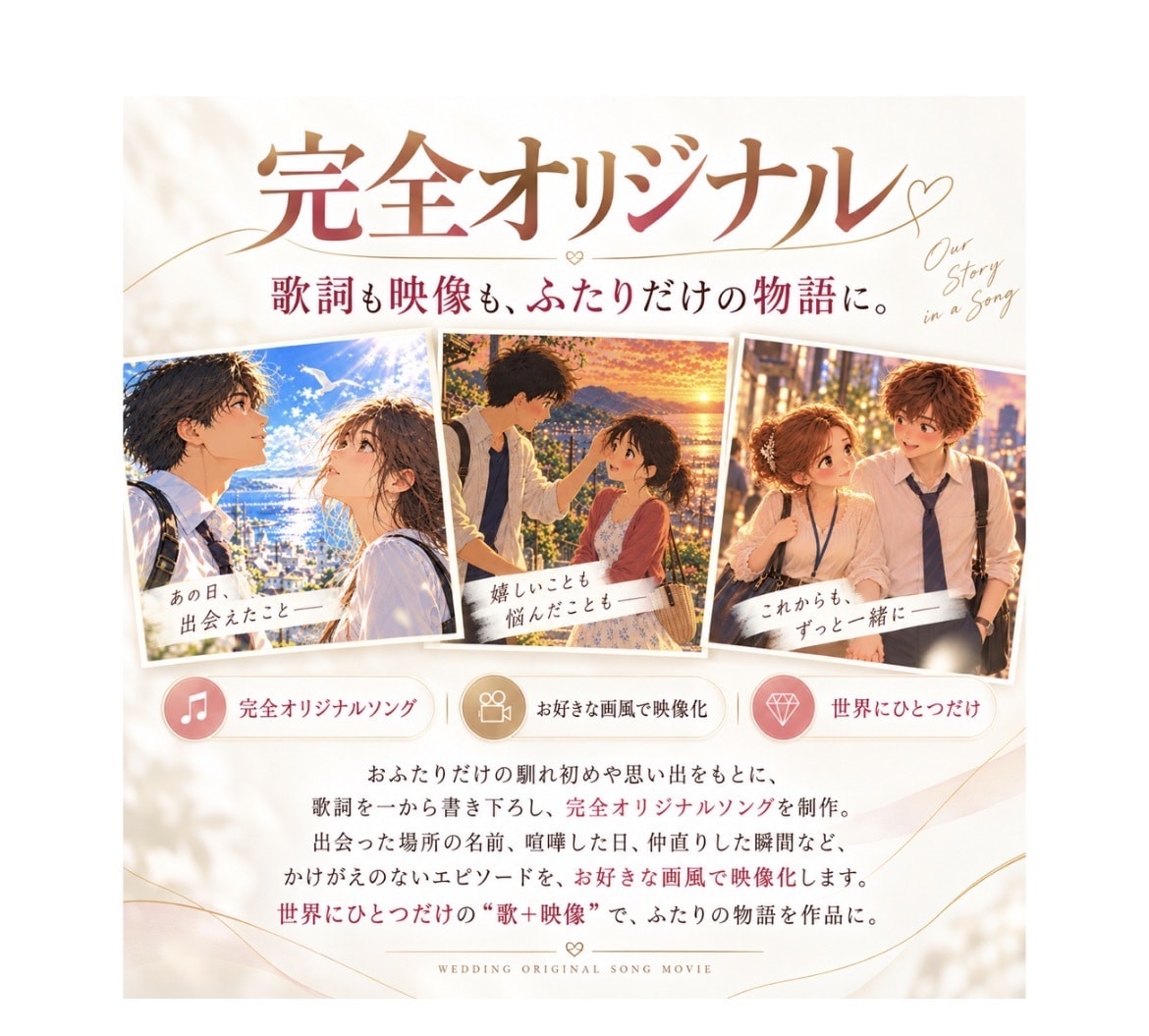 ふたりの実話を完全オリジナル結婚式ムービーにします 世界に一曲だけ。歌詞・楽曲・映像をすべてオリジナル制作 イメージ2