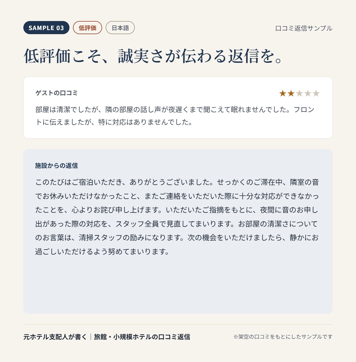 旅館小規模ホテル向け口コミ返信文を日英で作成します 元ホテル支配人カスタマーサポートのプロフェッショナル イメージ3