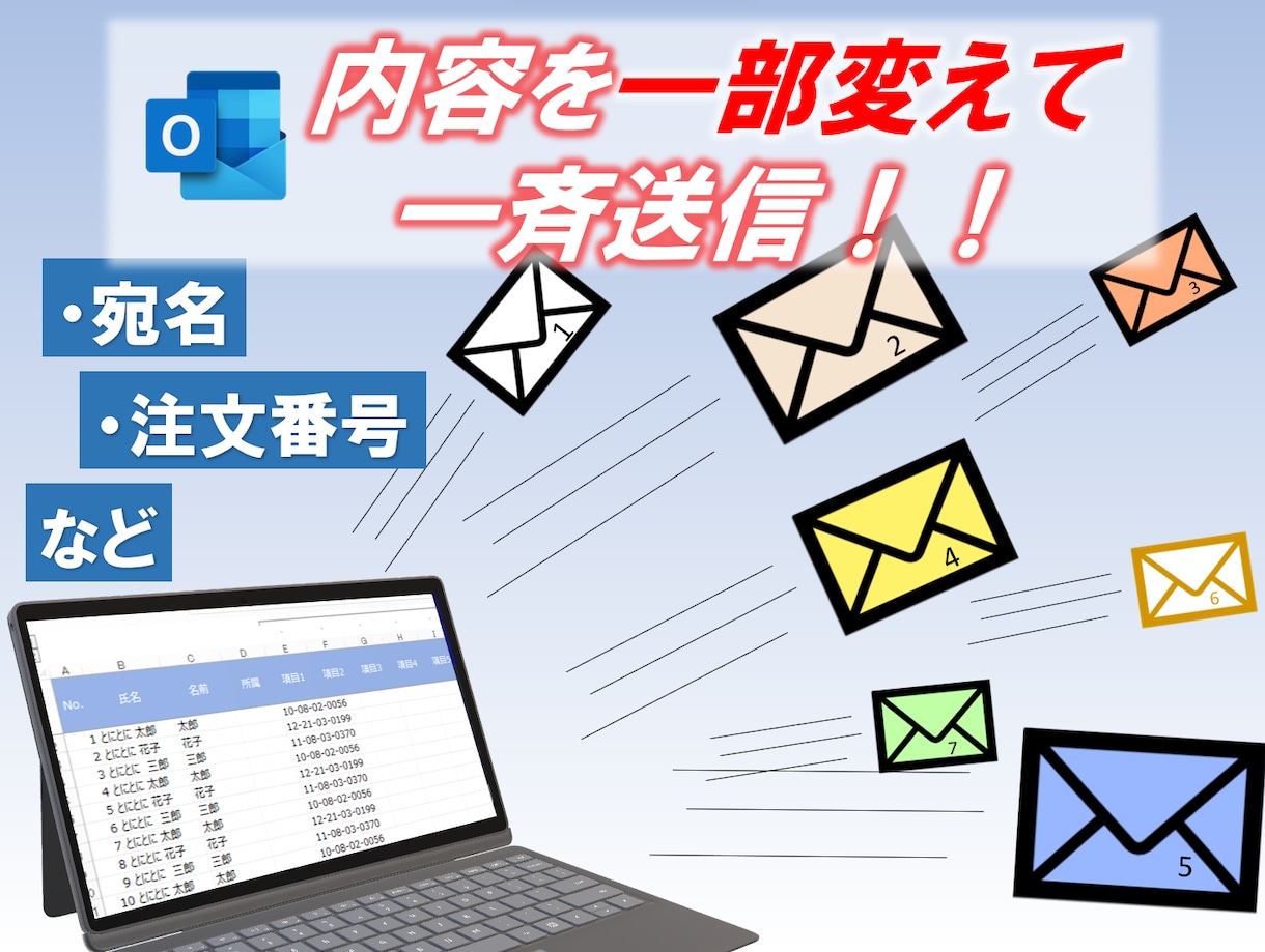 Outlookのメール一斉送信ツールをご提供します 送信先毎に本文をアレンジ。添付ファイルも自在に設定可能！ イメージ1