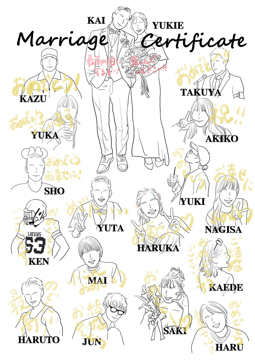 胸位までの似顔絵入り結婚証明書描きます オシャレな線画＊オプションで全データお渡し！席札などにも イメージ2