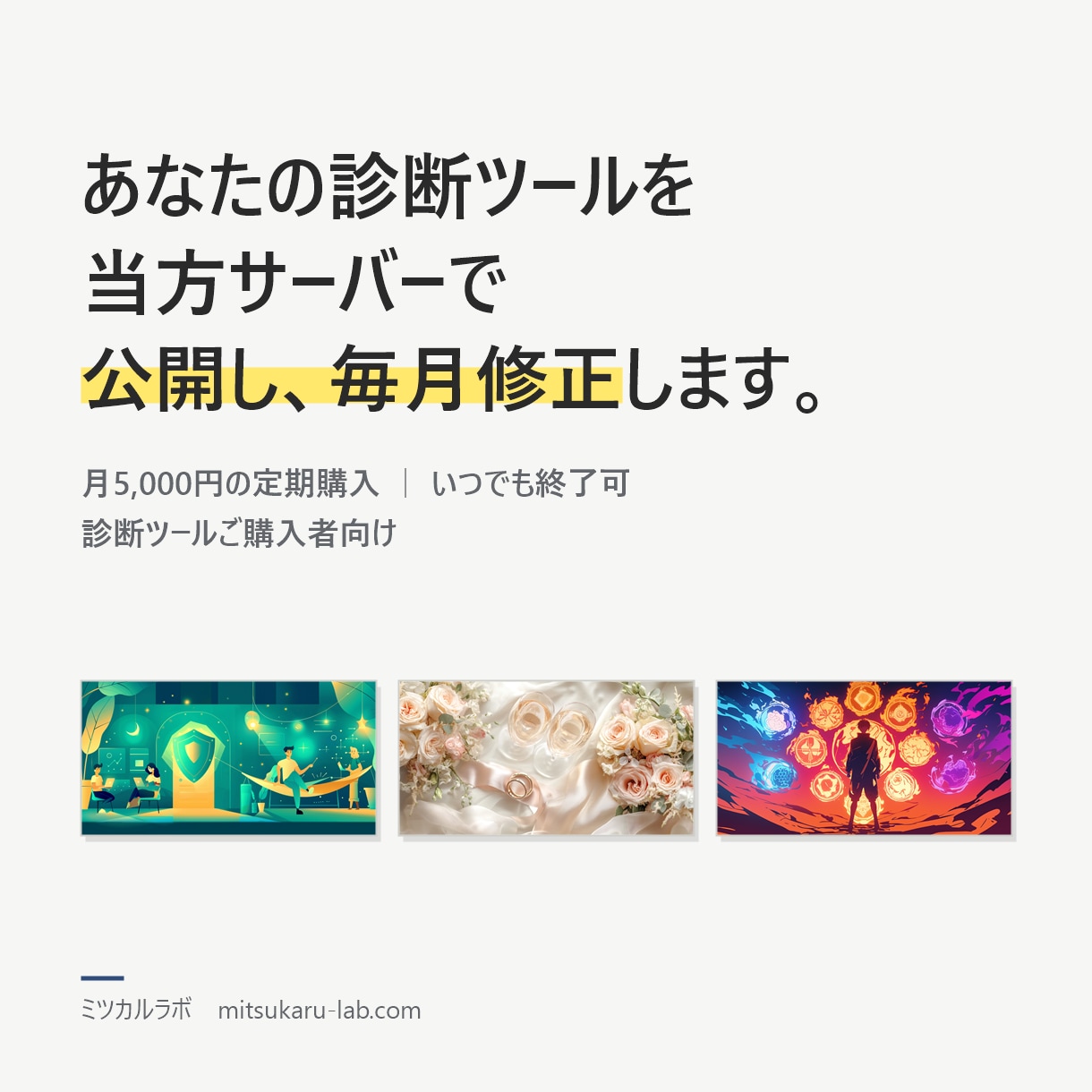 診断ツールを当方サーバーで公開し毎月修正します 診断ツールご購入者向け。公開と月1回の修正。月5,000円 イメージ1