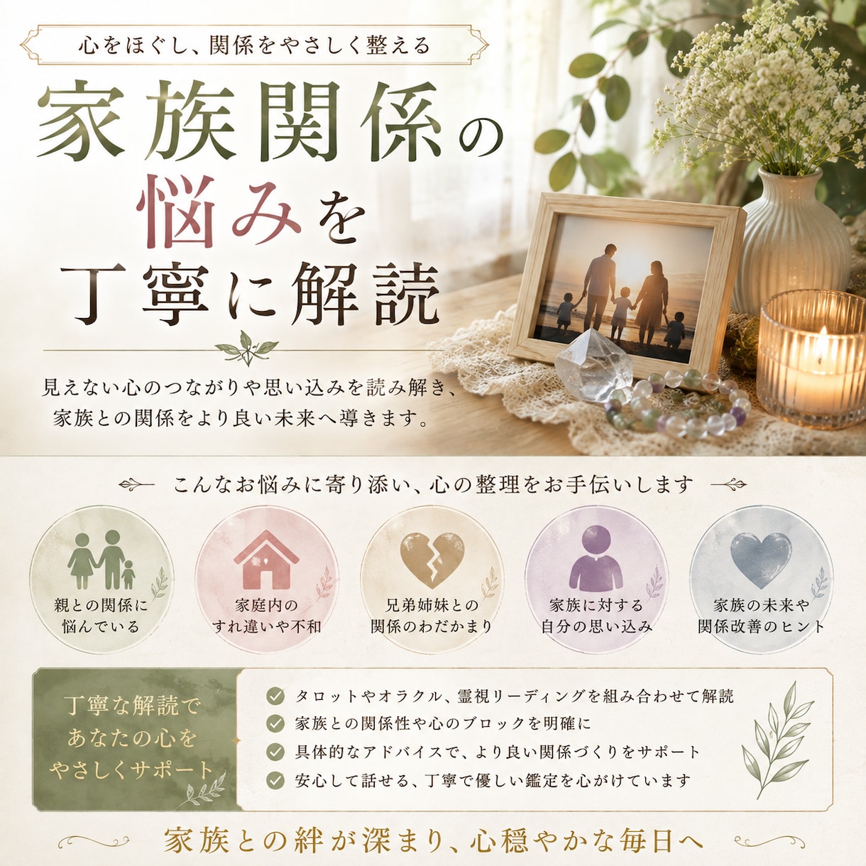 家族関係の悩みを丁寧に読み解きます 家族との距離感に悩む方へ、心を整理する時間です イメージ2