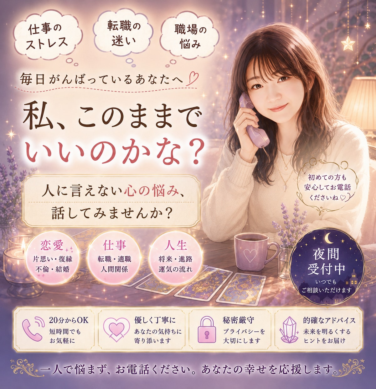 職場のストレス、転職の迷い、仕事の悩みをお聞きます 占いでもお話だけでもOK、あなたの気持ち大切に受け止めます。 イメージ1