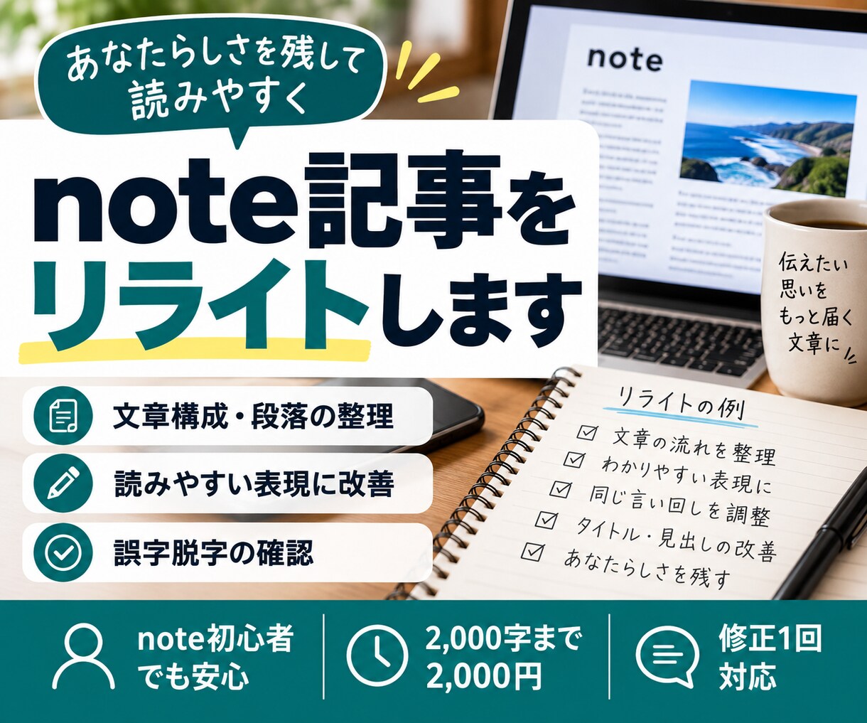 note記事を読みやすい文章にリライトします あなたらしさを残し、伝わりやすい文章へ イメージ1