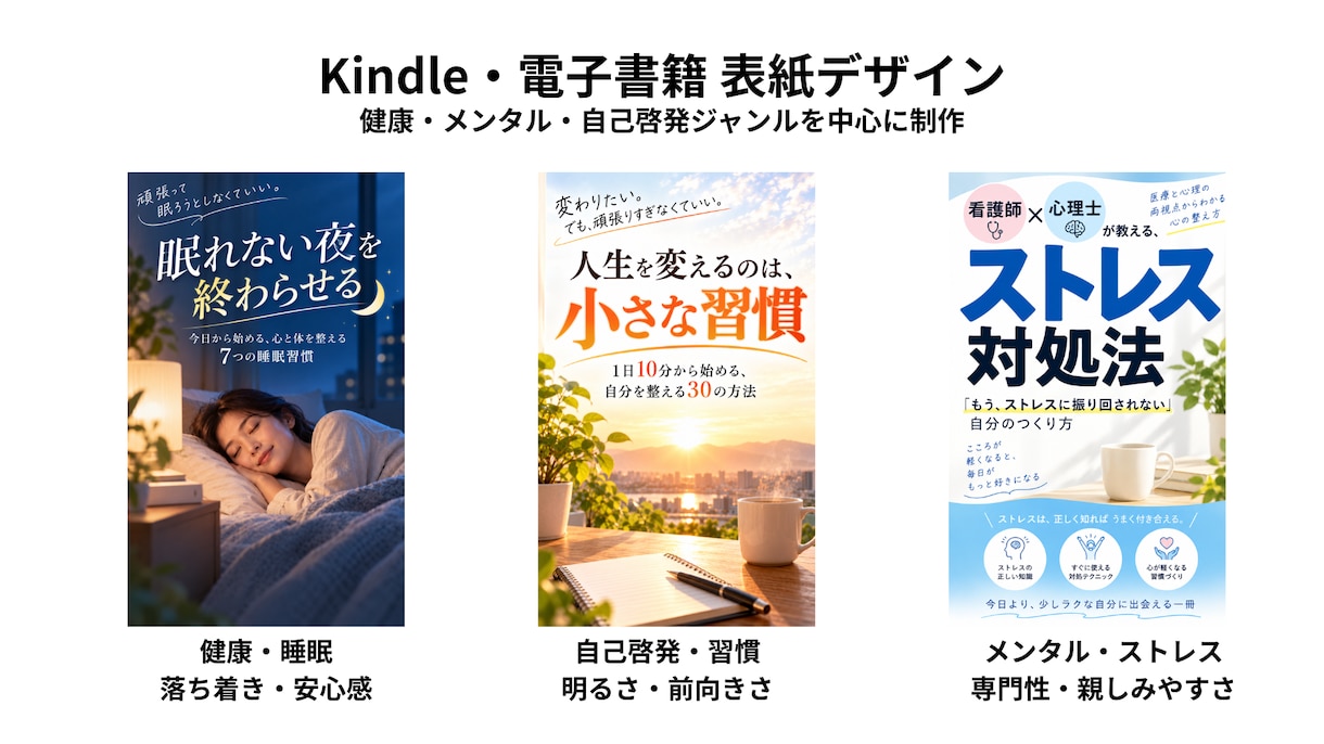 Kindle・電子書籍の表紙をデザインします 健康・メンタル・自己啓発系の表紙を丁寧に制作 イメージ1