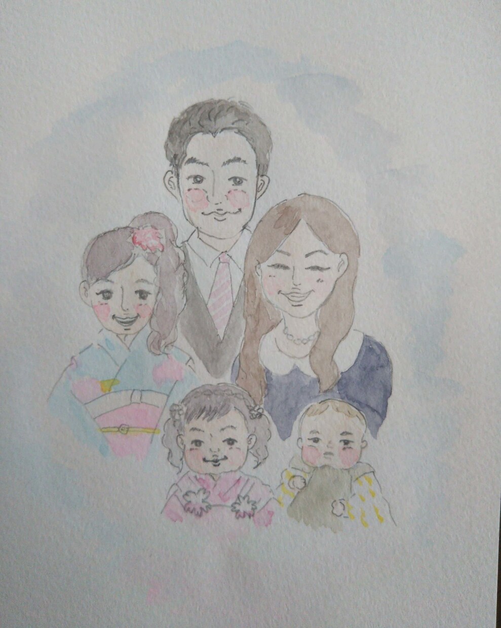 優しいタッチの水彩画似顔絵描きます 水彩絵の具と水彩色鉛筆を使い優しい感じの似顔絵を制作します イメージ5