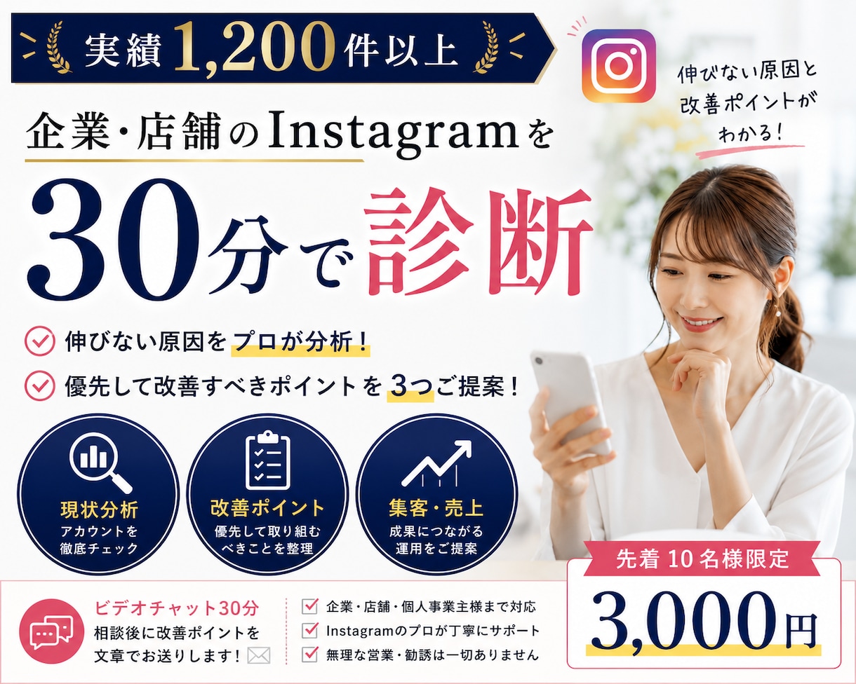 企業・店舗のインスタを30分で診断します 実績1,200件超｜伸びない原因と優先すべき改善点を具体化 イメージ1