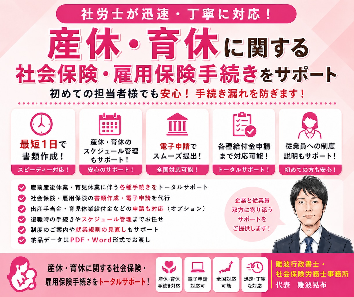 社労士が産休育休の社会保険雇用保険手続を代行します 産休・育休の手続きを社労士が丸ごとサポート！全国対応可能！ イメージ1