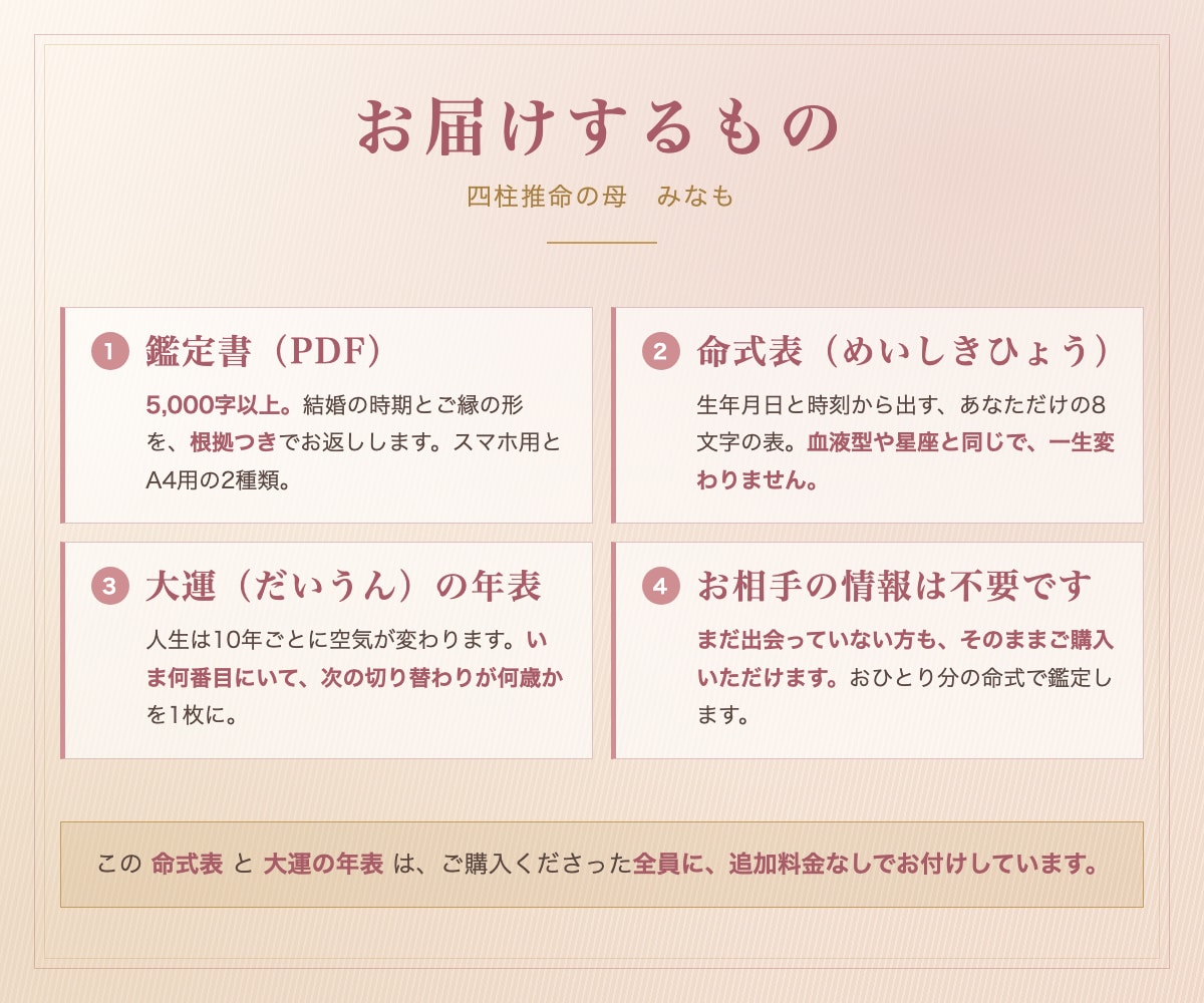 結婚運｜四柱推命｜結婚の時期とご縁を占います いつ動くか、どんなご縁か。おひとり分で出せます。 イメージ2