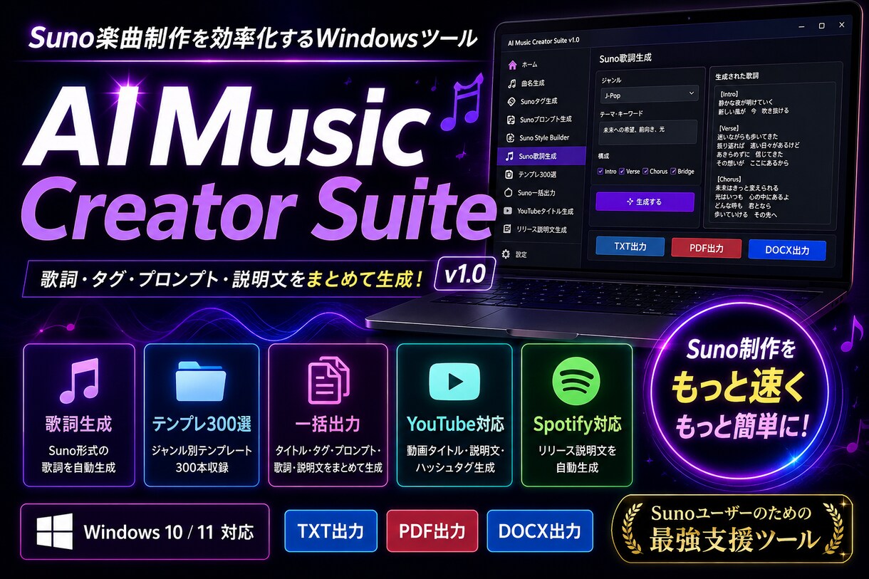 Suno楽曲制作支援ツール販売します Suno制作を効率化するWindowsツール イメージ2