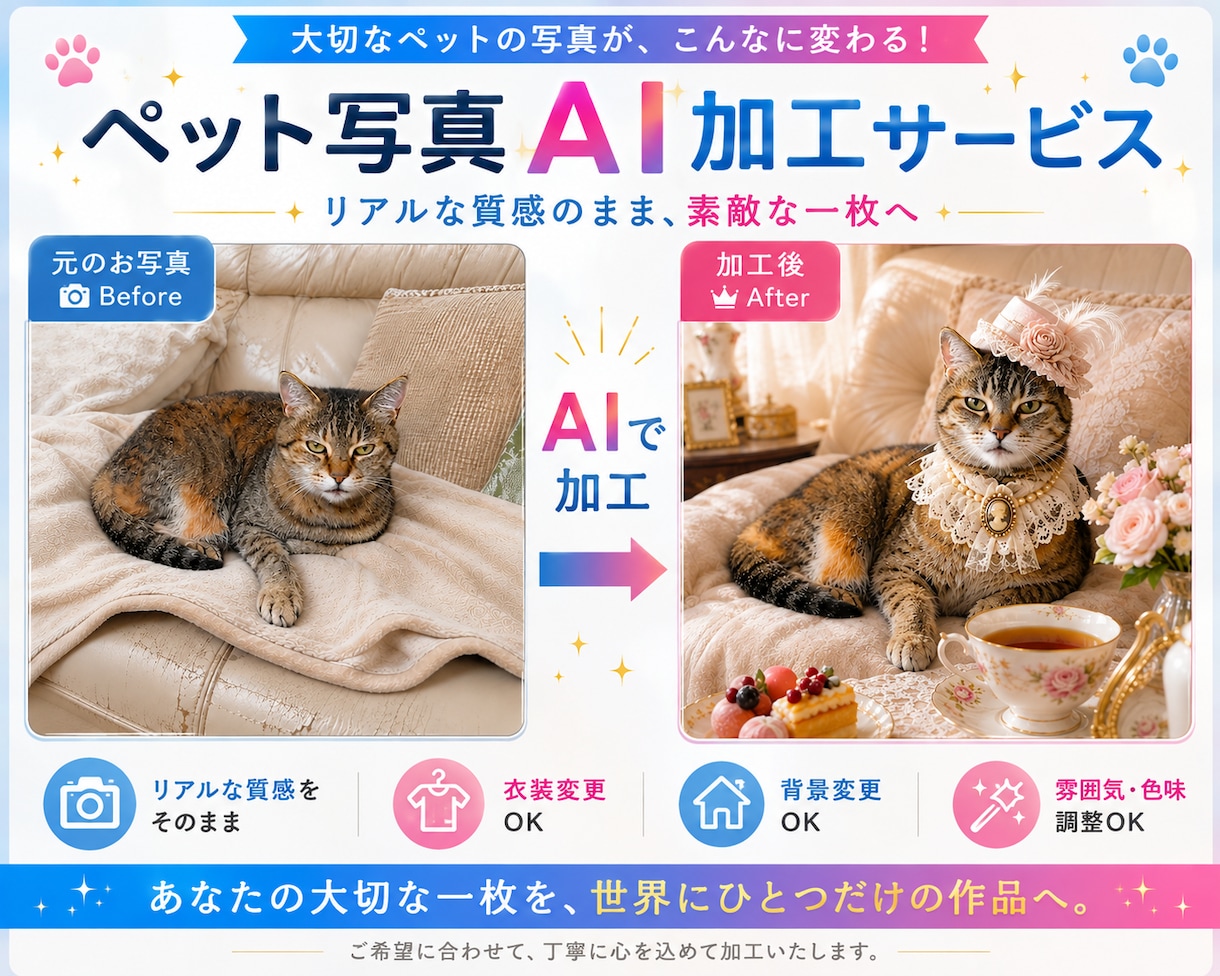 ペット写真をAIで世界観のある一枚に仕上げます 大切な思い出を､世界にひとつだけの1枚へ イメージ1