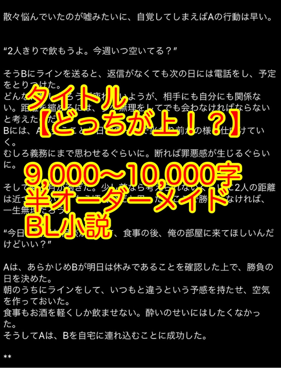 半オーダーメイドBL小説を提供します 【タイトル：どっちが上！？】既にプロットのあるBL小説。 イメージ1
