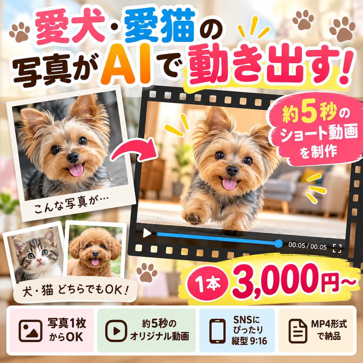 愛犬愛猫の写真からかわいいAI動画を制作します 大切なペットの写真が動き出す！約5秒のオリジナル動画 イメージ1