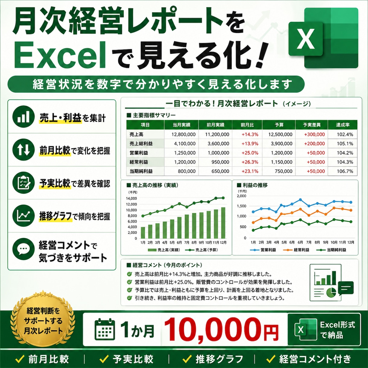 月次経営レポートをExcelで作成します 経営状況を数字で分かりやすく見える化します イメージ1