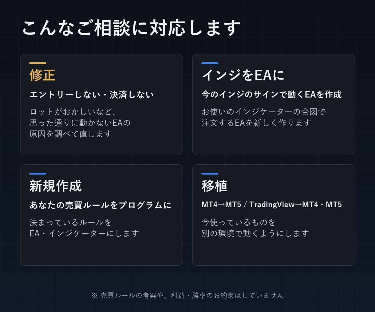 MT4/MT5 EA・インジケーター作成修正します 思い通りに動かないEAを原因から直します。ソースコード付き イメージ2