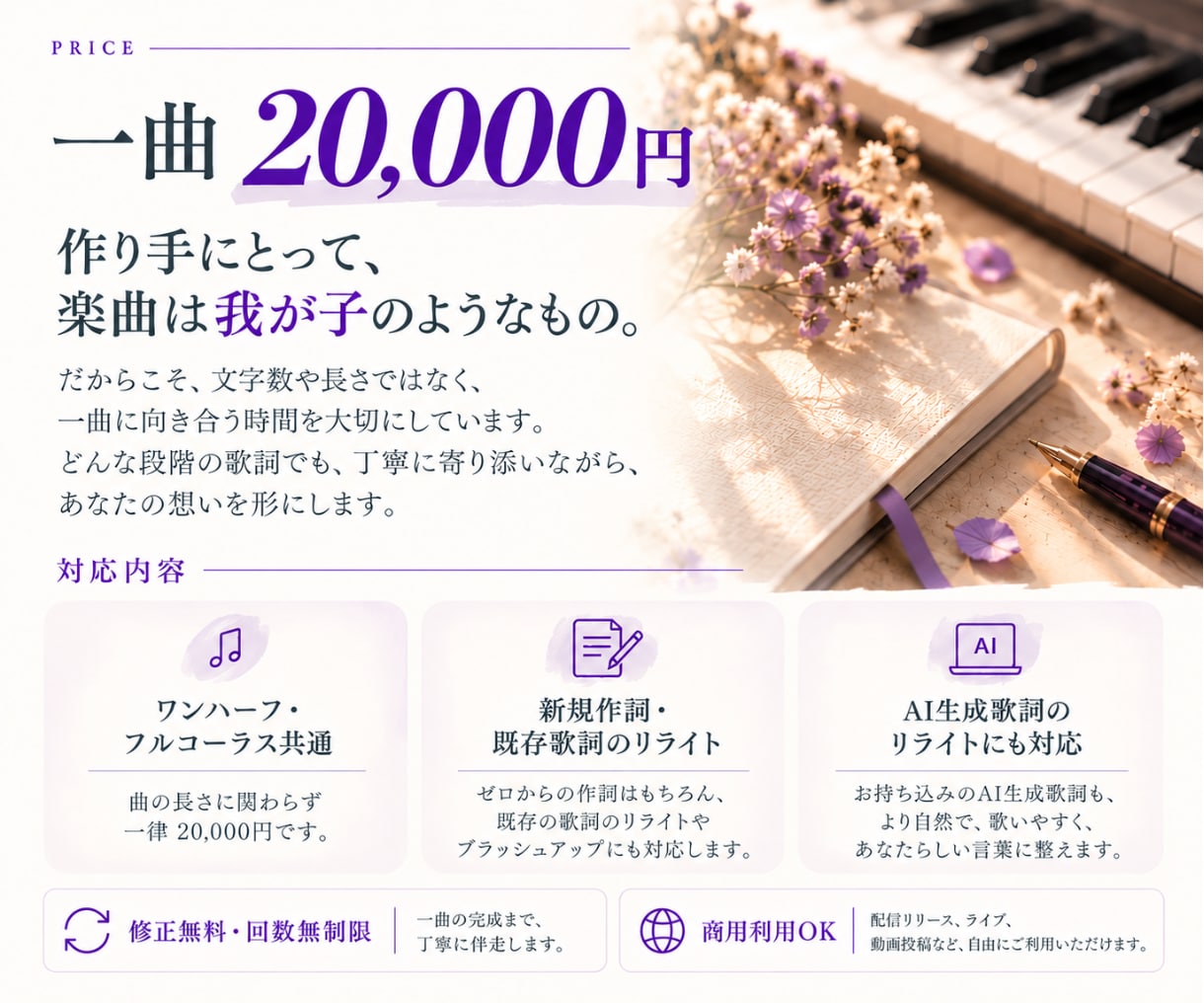 修正無料で何度でも◎作詞家が想いを歌詞にします 文筆業×音楽活動経験あり(ピアノ・ボーカル)の安定感◎ イメージ8