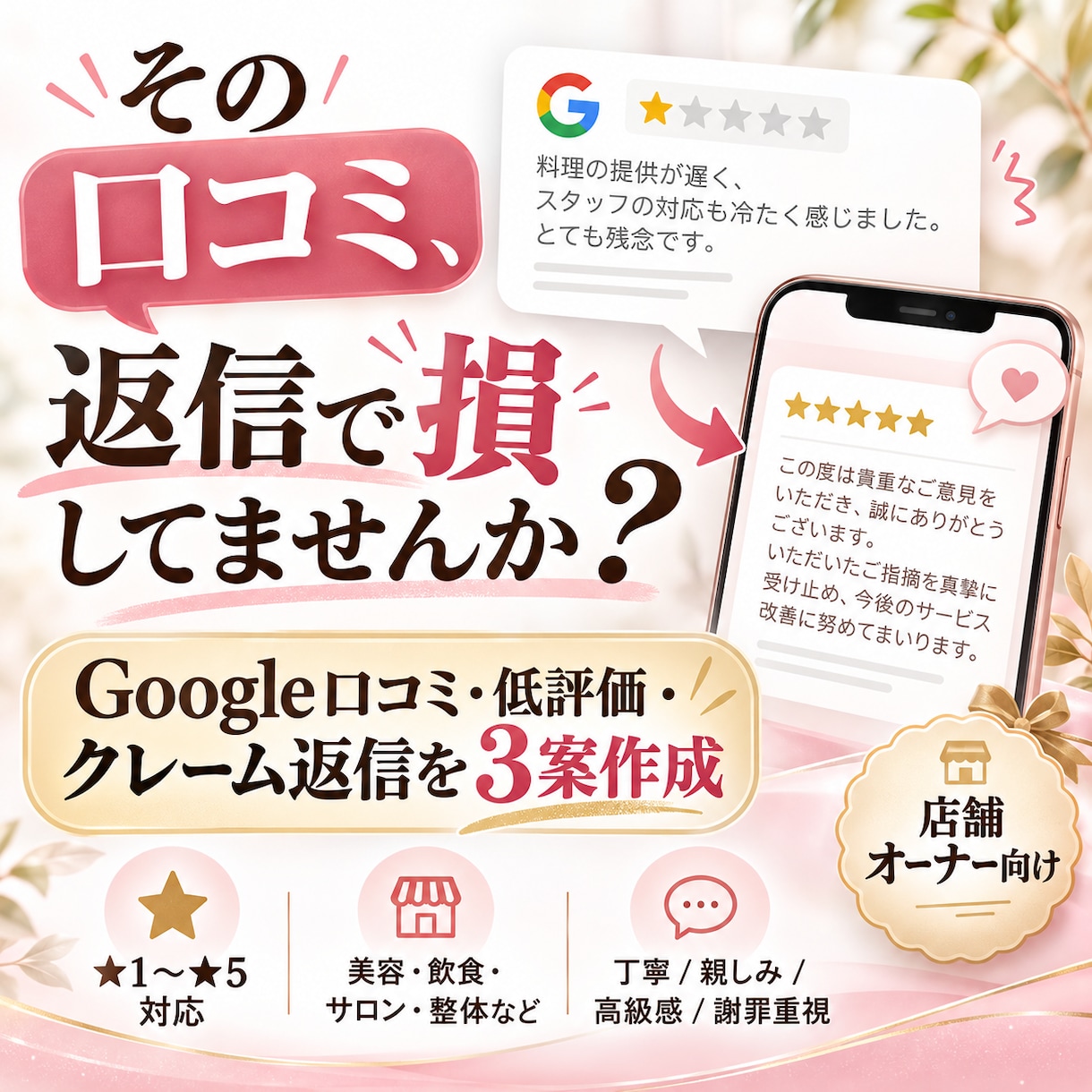 Google口コミクレーム返信文を3案作成します 低評価・悪評・再来店につながる返信を店舗向けに丁寧に作成 イメージ1