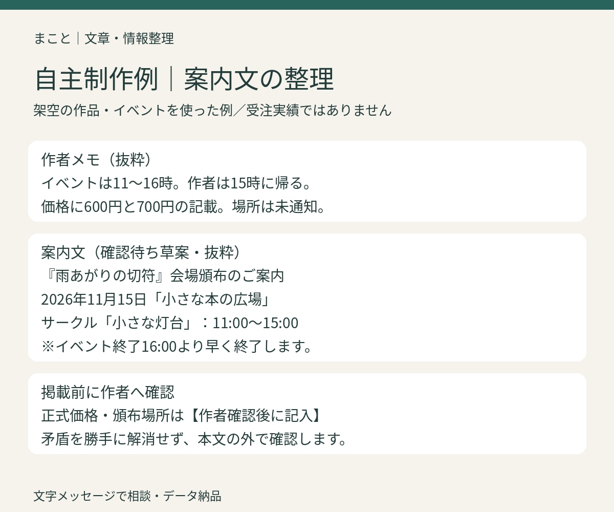作家の頒布メモを案内文とFAQに整理します 日時・価格・条件を照合し、読者に伝わる形へ イメージ2