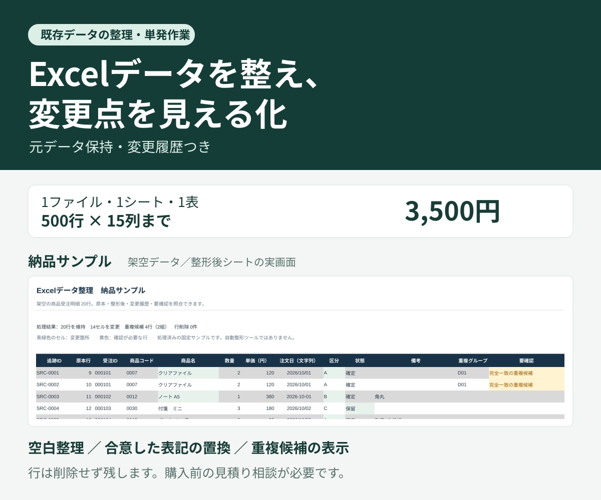 Excelのデータを整え変更点を残します 空白・表記・重複候補を整理。原本と変更履歴つき イメージ1