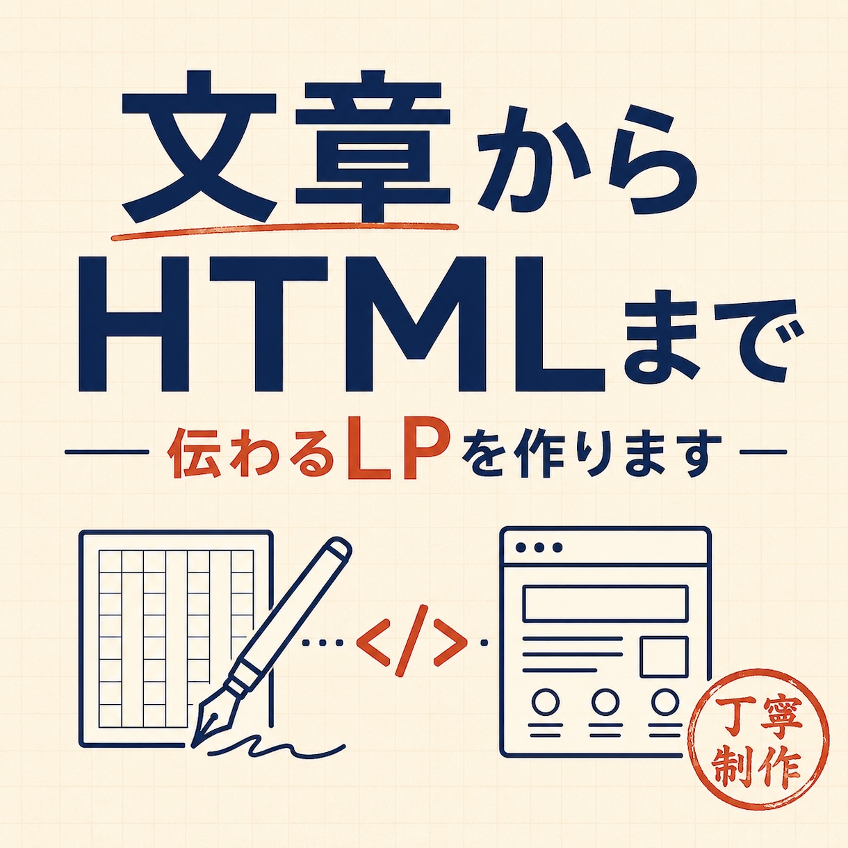 文章からHTML納品まで、伝わるLPを作ります 文章もHTML実装も、AIと人の目で丁寧に イメージ1
