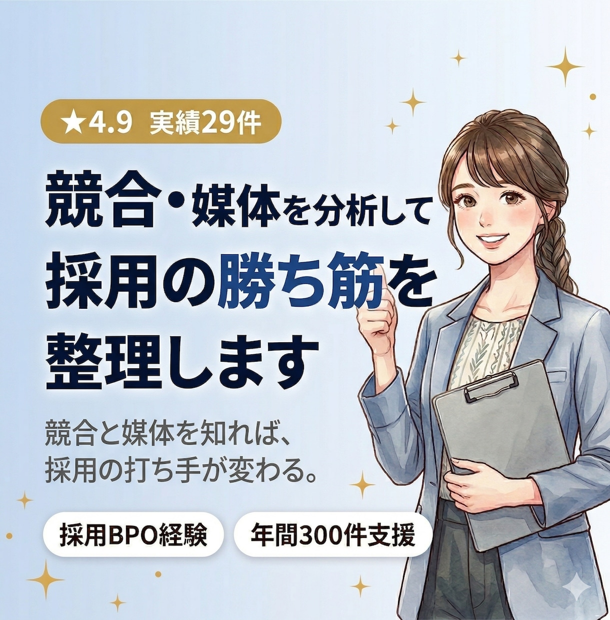 競合・媒体を分析して採用の勝ち筋を整理します 競合と媒体を知れば、採用の打ち手が変わる。 イメージ1