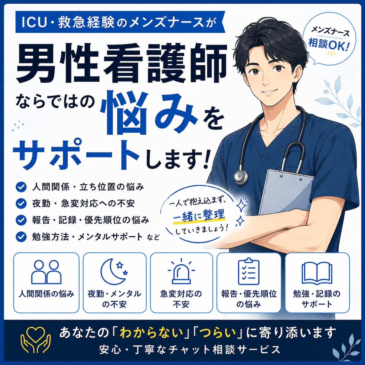 男性看護師ならではの悩みをサポートします 男性看護師特有の不安や人間関係をサポート イメージ1