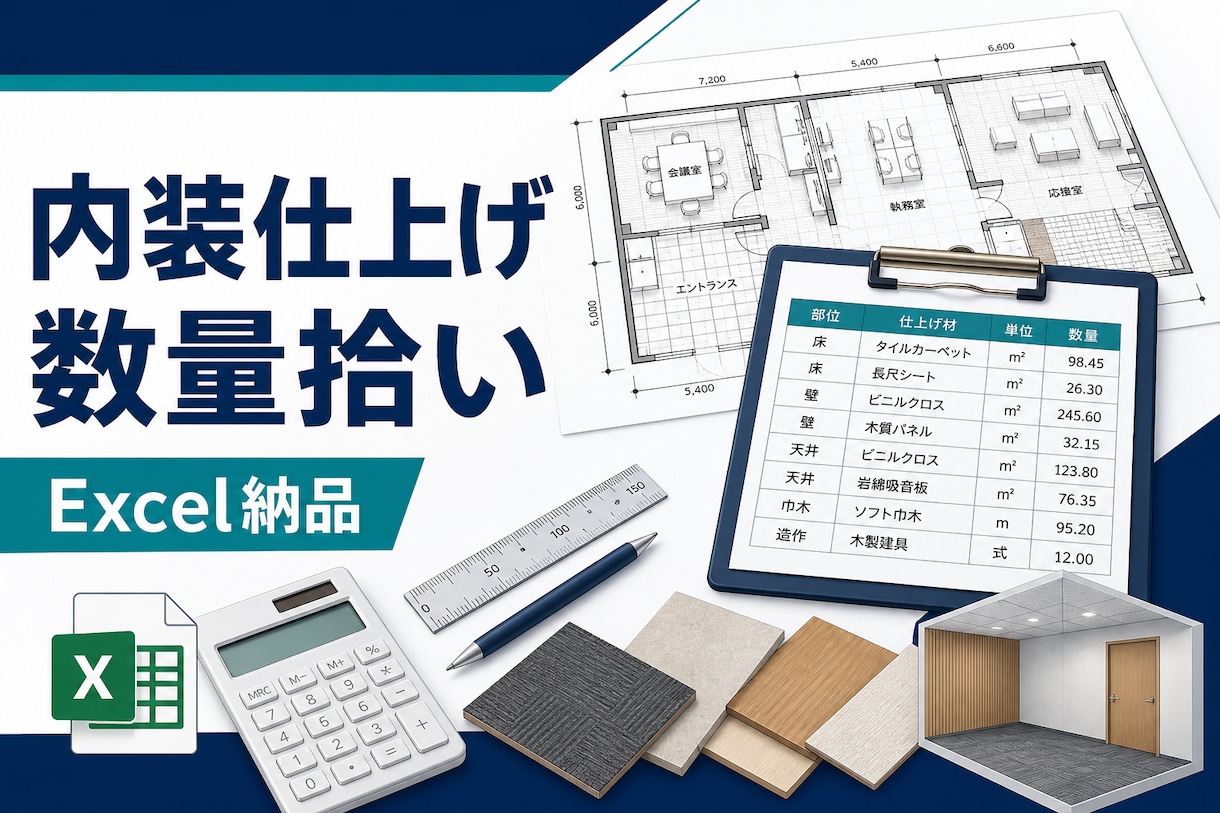 内装仕上げの数量拾いをExcelで整理します 床・壁・天井・LGS・PBを図面から丁寧に集計 イメージ1
