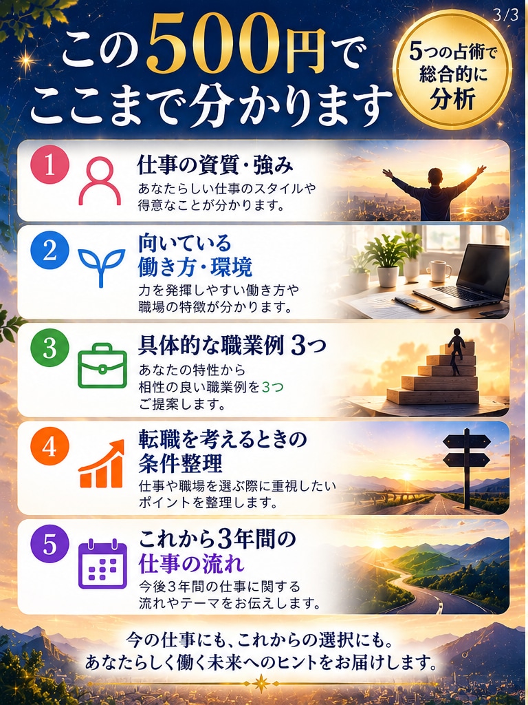 あなたの適職・強み・転職条件を5占術で読み取ります 働き方・職業例・これからの3年を整理してPDFでお渡しします イメージ2