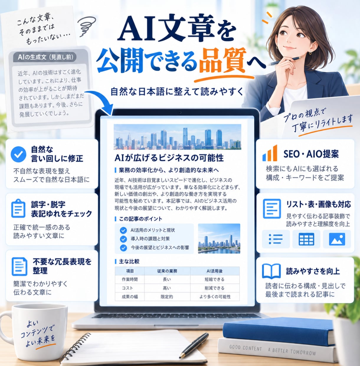 AI生成文章を自然な日本語に校正・修正します AIっぽさを解消し、読者に伝わる文章へ仕上げます イメージ2