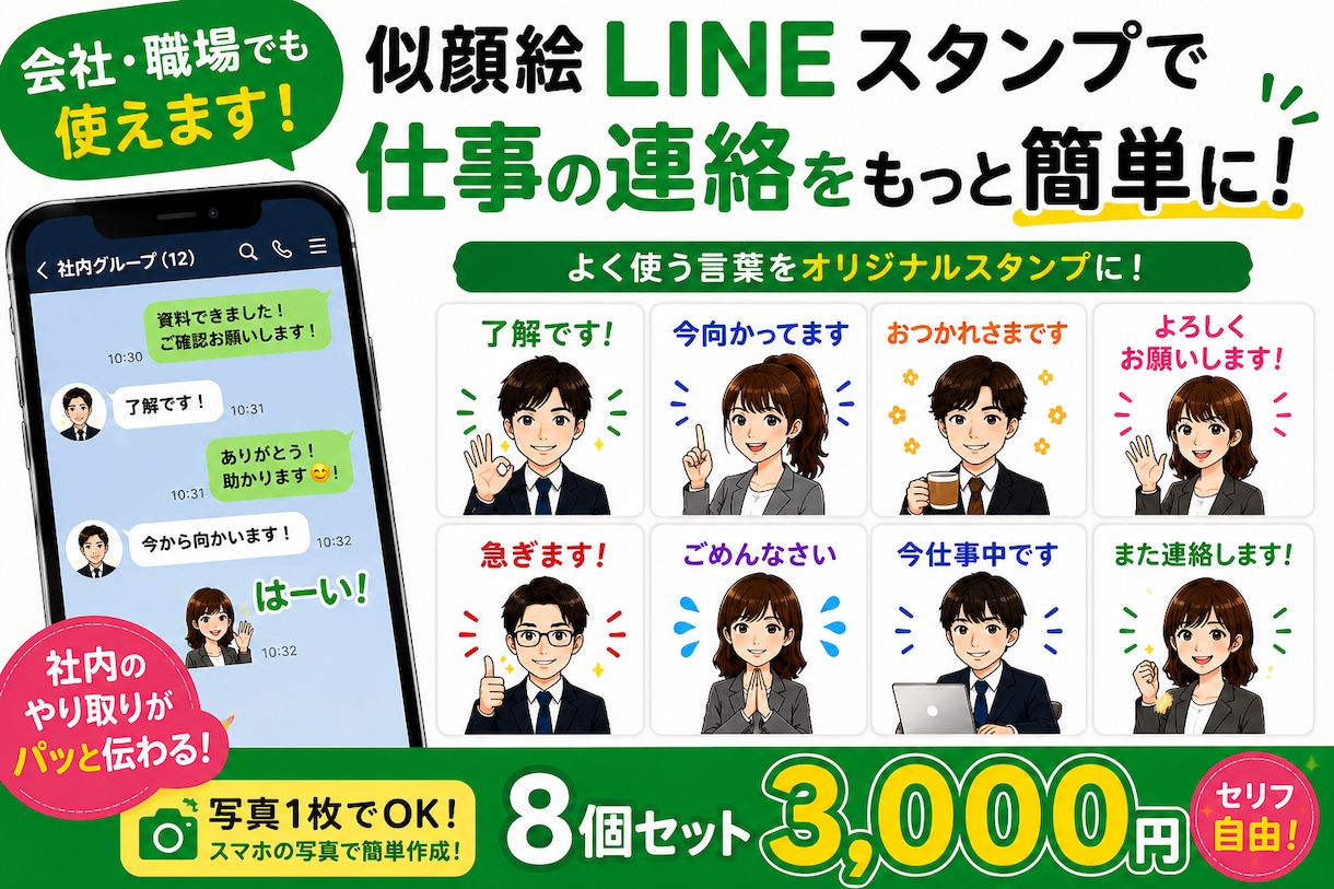 お写真を似顔絵風LINEスタンプに加工します 写真を送るだけ♪本人らしさを残した8個セット イメージ3